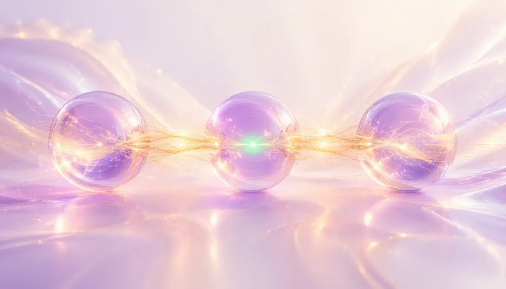 Three lavender spheres linked by a golden thread with a turquoise spark, illustrating cooperation between handoffs