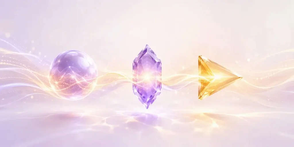 Three luminous glass shapes linked by golden light ribbons: a sphere, a crystal, and a forward arrow, illustrating persuasion from their world to one clear ask