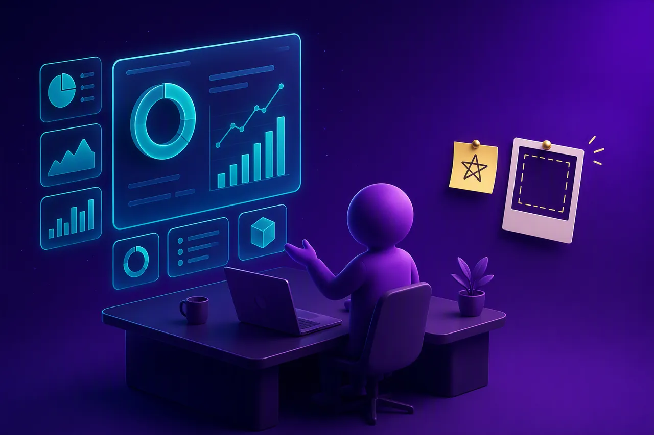Polished pitch, empty proof Glowing AI slide deck beside an empty proof frame on a purple desk. Persuasion is what you checked yourself, not the template.
